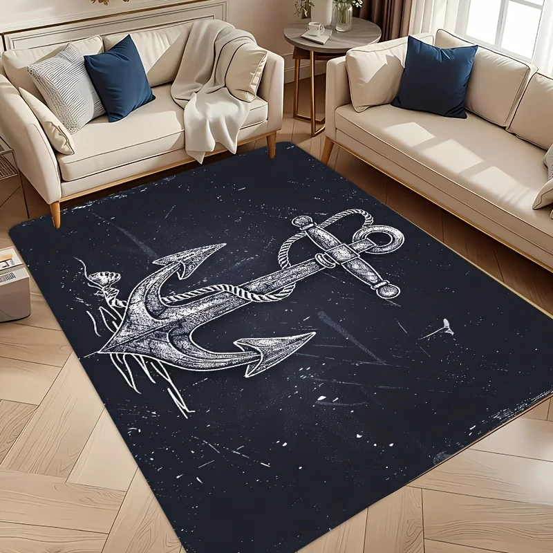 2D Flat Vintage Nautical Anchor Sketch Black Background Flannel Area Rug Non Slip Marine DecorCarpet For LivingRoom BedroomFloor