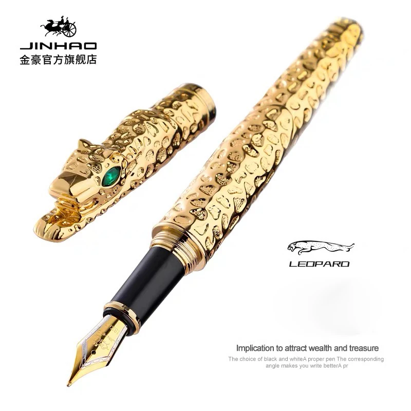 

1pc Luxury Leopard Jinhao Fountain Pen - Metallic Golden & Black Leopard Head Design, 0.7mm Medium Nib, Twist Closure, Heavy Dut