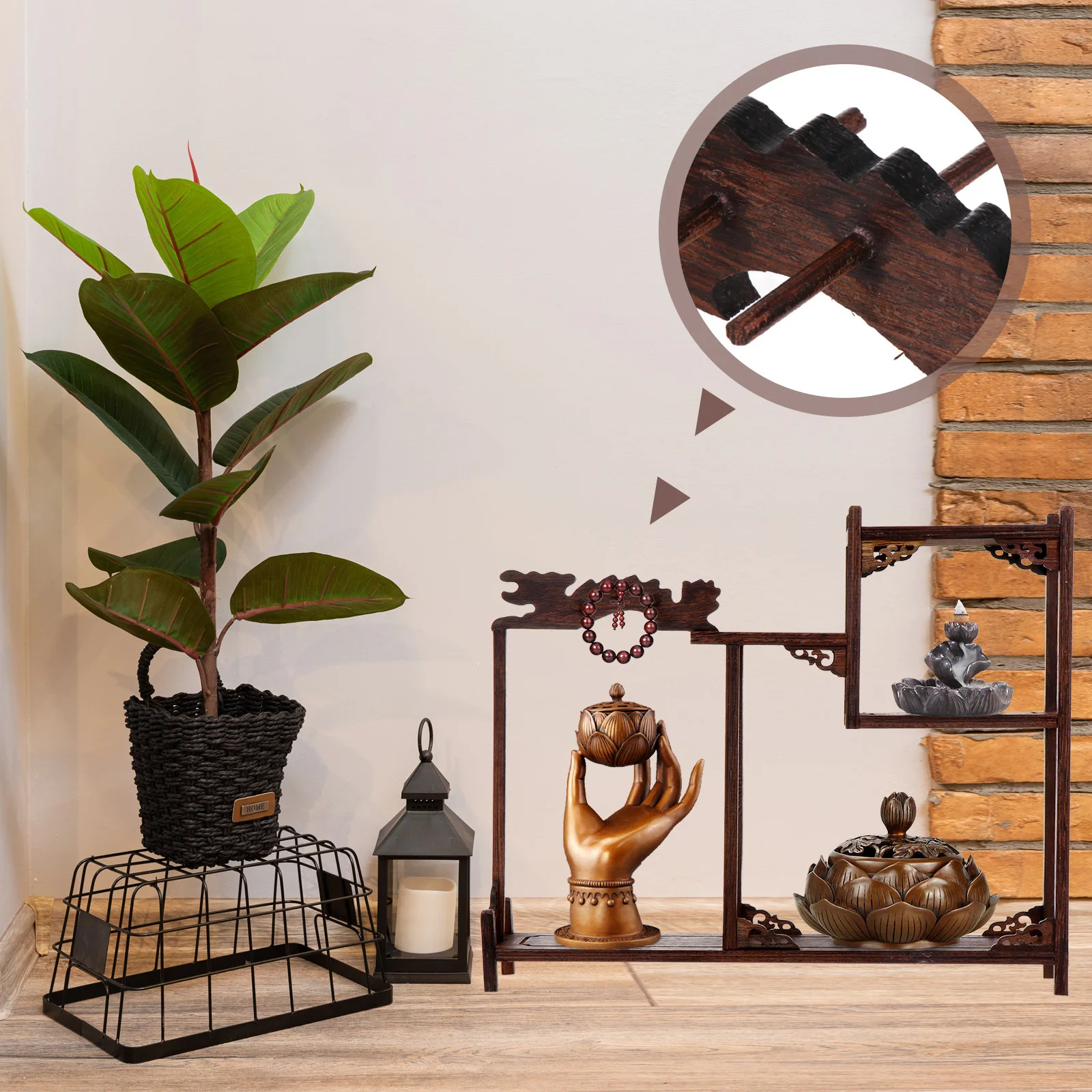 

Wooden Display Shelf Carved Smooth Polishing Stable Structure Curio Stand Storage Rack Home Decoration