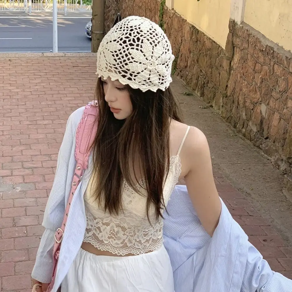 

Sweet Handmade Crochet Flower Hat Thin Korean Hollow Out Knitted Hat Bohemian Style Ethnic Style Beanies Hat Outdoor