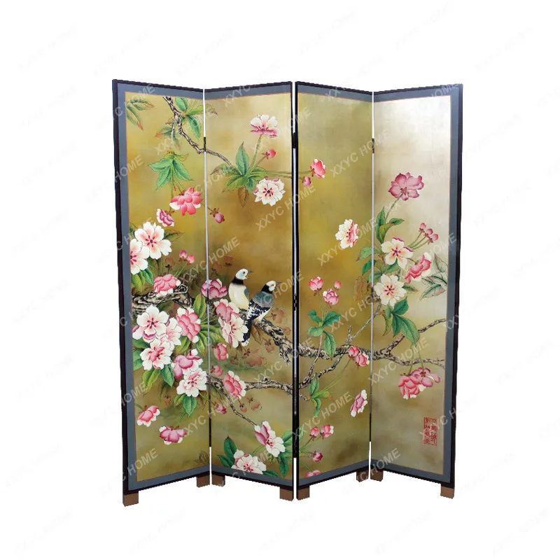 Hand painted flower and bird screen partition living room simple modern new Chinese feng shui entrance door hotel gold