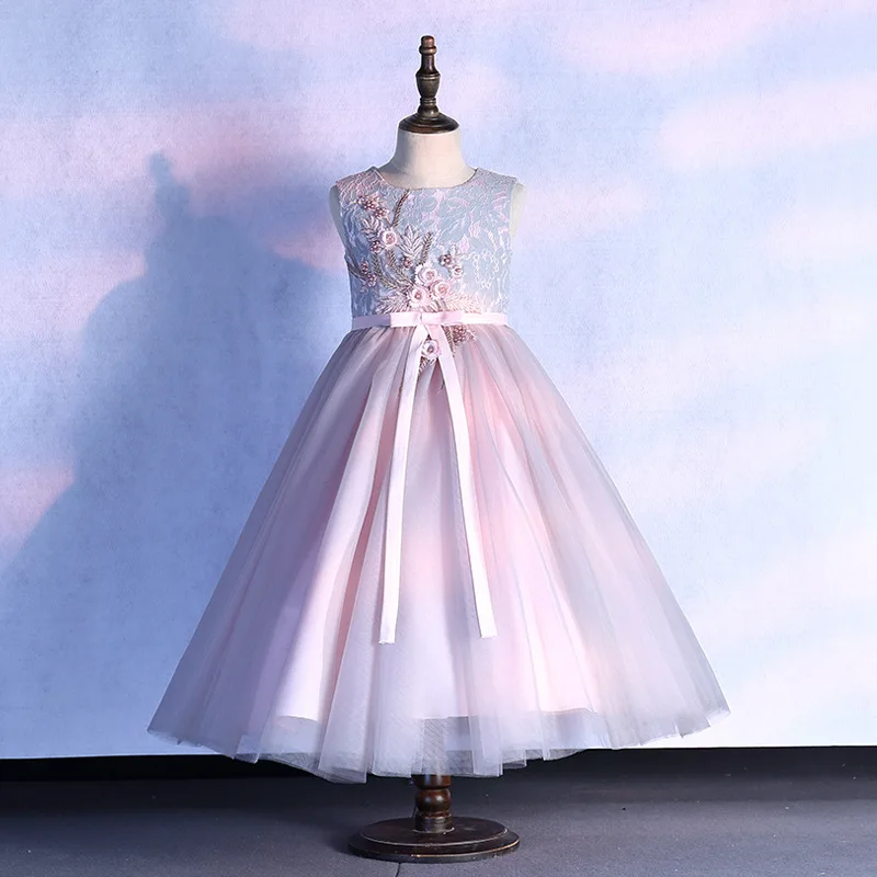 

Children Flower Embroidery Tulle Princess Dress For Kids Girls Ceremony Wedding Birthday Party Formal Evening Performance Gown
