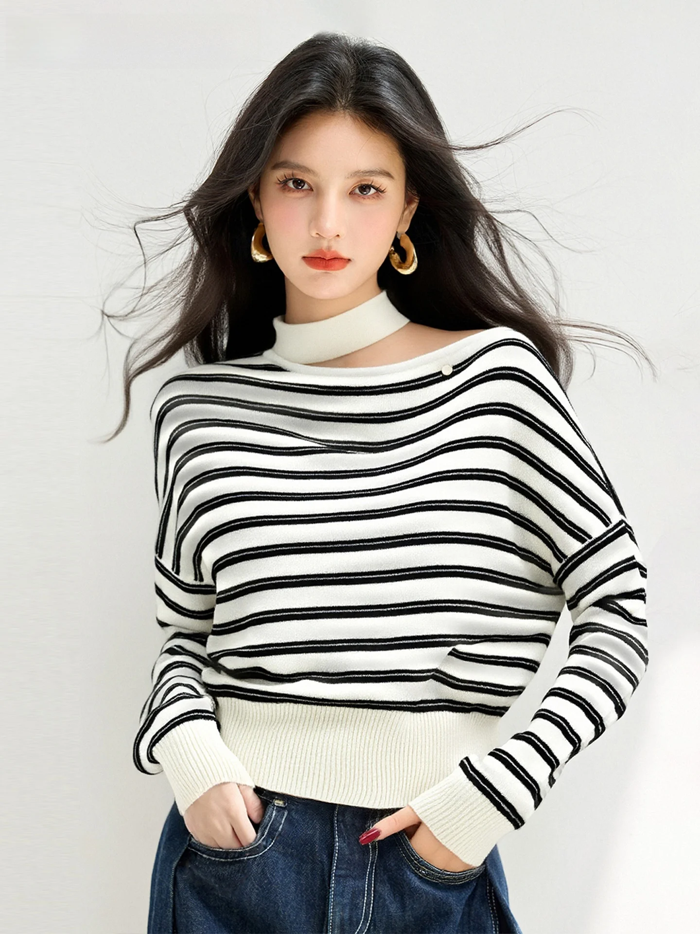 

La Chapelle женский вязаный свитер из неолона с вырезами в полоску, удобный для похудения Sle Full Sve, осенний кусок