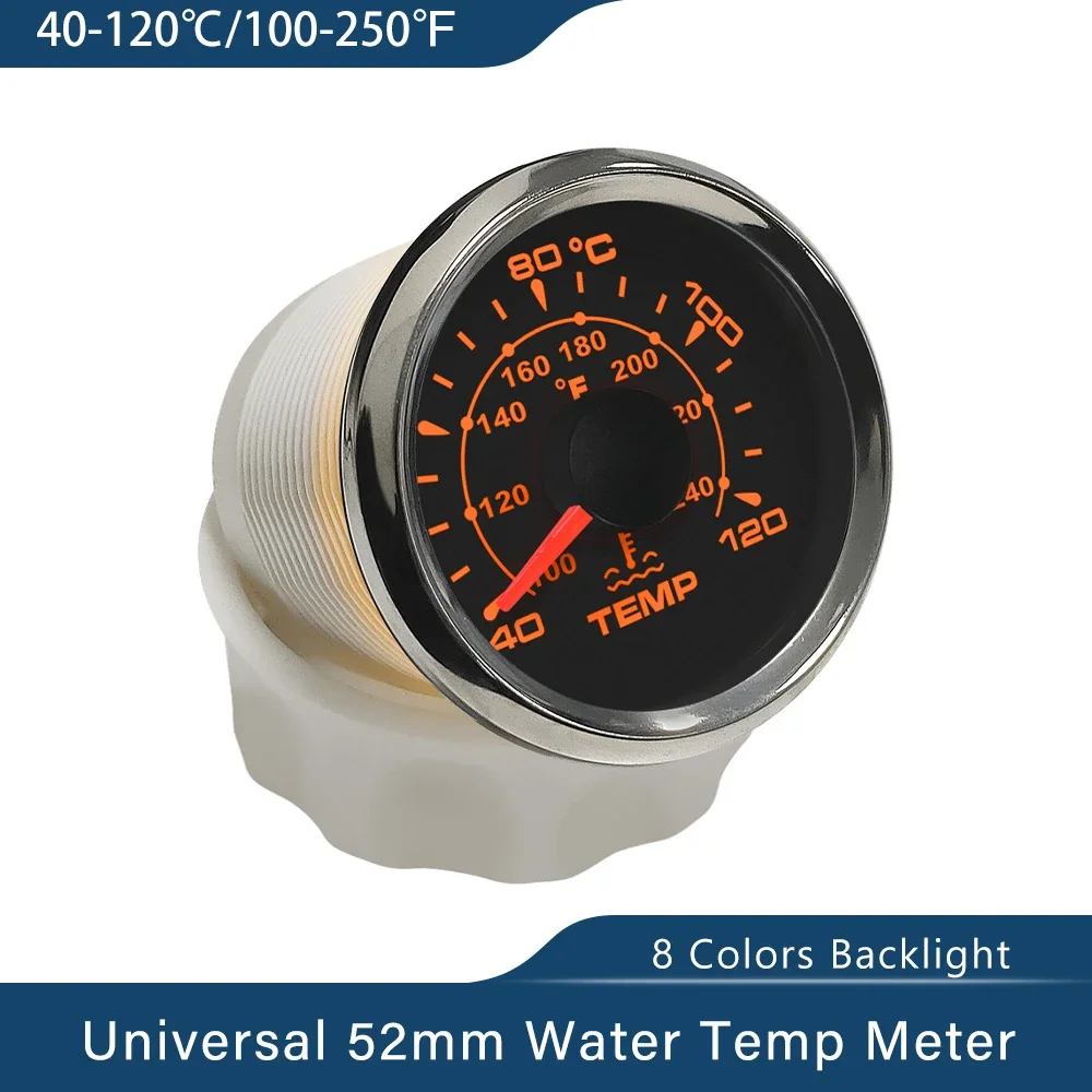 New Universal 52mm Waterproof Marine Water Temp Gauge  40-120℃ for Car Boat Truck Yacht With 8 Colors Backlight 9-32V