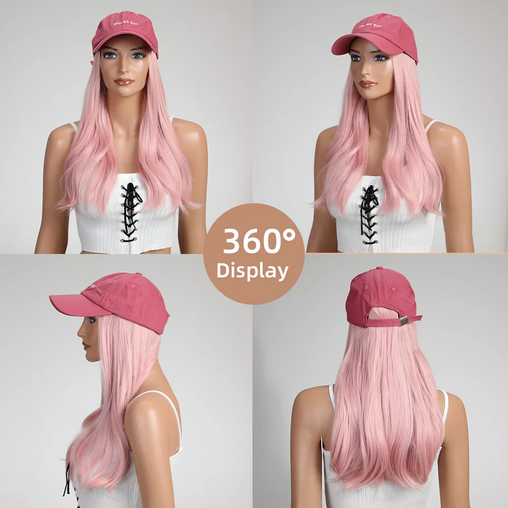 16 Inches Synthetic Pink Natural Wave Hair extensions with Baseball Cap