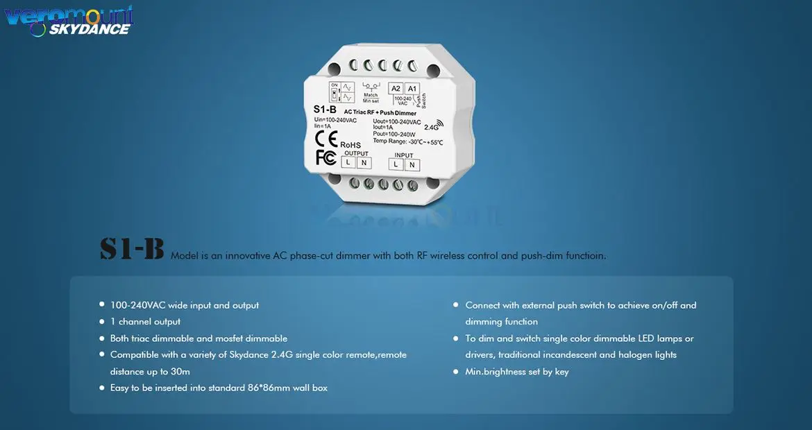 Skydance S1-B LED Dimmer 110V 220V AC LED Triac Dimmer for Single Color Strip Light Bulb Lamp 2.4G Wireless RF Remote Control