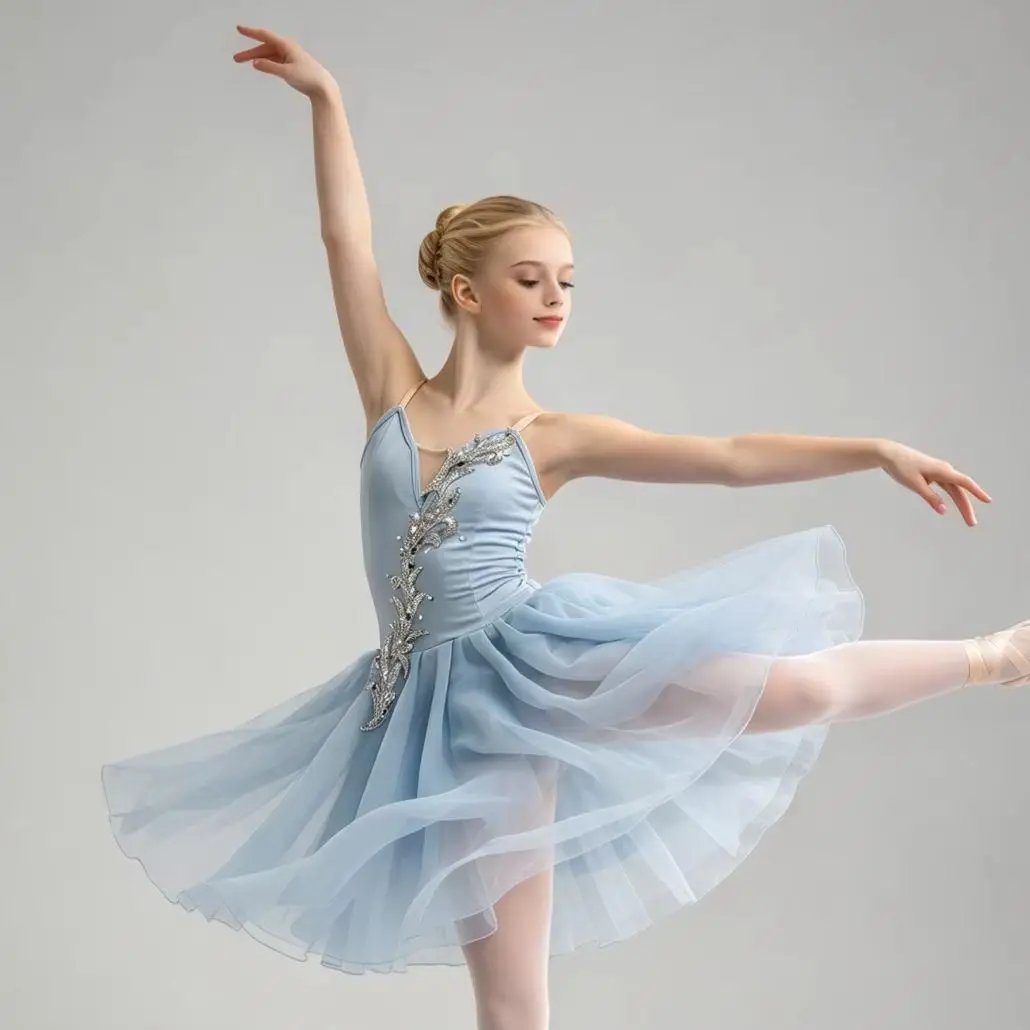 Sky Blue Girls Ballet Dance Dress Spaghetti Strap Silver Rhinestone Sequin Decoration Sheer Chiffon Skirt Kids Stage Outfit