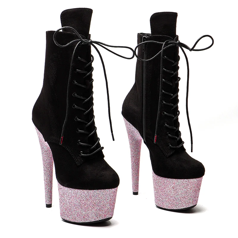 

Leecabe Pink Glitter 17CM/7Inches with suede Upper High Heel platform Boots Closed toe Pole Dance boot