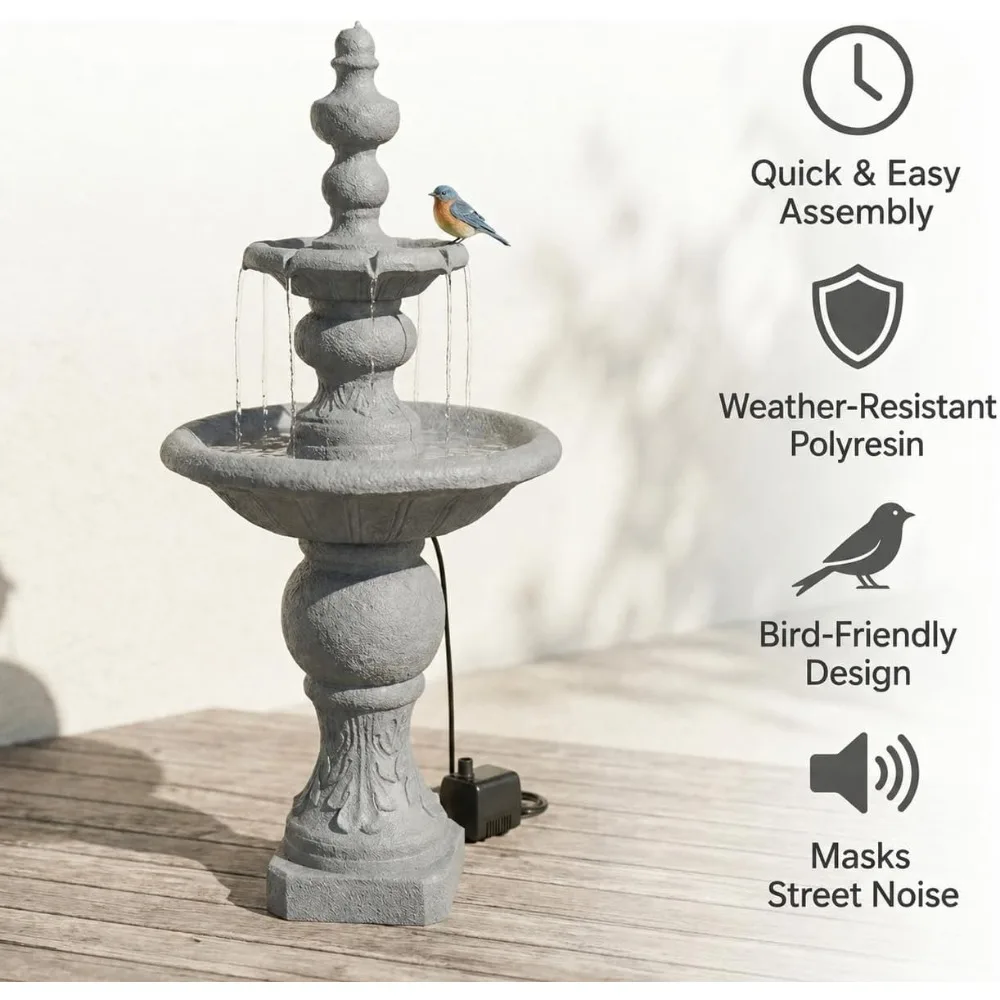 52.56 in. Outdoor Two-Tier Water Fountain with ICY Stone Texture for Gardens Patios Lawns Gray