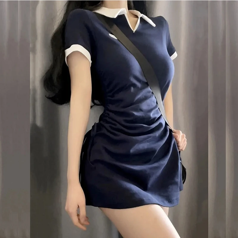 Drawstring Women\'s Dress 2023 Y2K One Pieces Korea Student Short Sleeve Mini Hip Wrap Skirt Slim Female Polo Dress Pleated Sexy