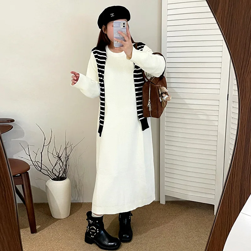 

Женское вязаное платье-свитер большого размера с круглым вырезом и вставками на плечах, прямого кроя, зимнее, модное, универсальное, с длинными рукавами