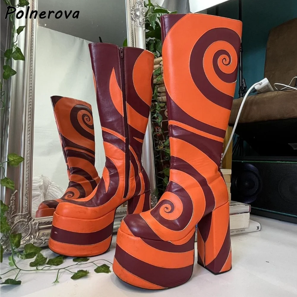 أسود أبيض دوامة أحذية طويلة منصة حذاء بكعب سميك عبر تعادل المرقعة حذاء برقبة للركبة 2025 شتاء دافئ مثير أحذية أنيقة #4