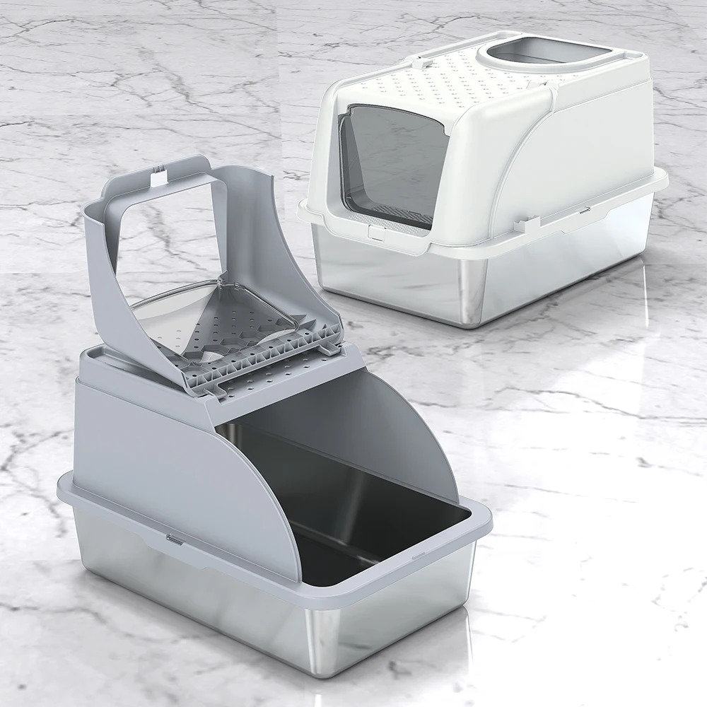 

STLFPakeway Stainless Steel Cat LittersBox Fully Enclosed Anti-Splash Toilet with Non-Stick Pedal Deodorant Easy Clean No Stink