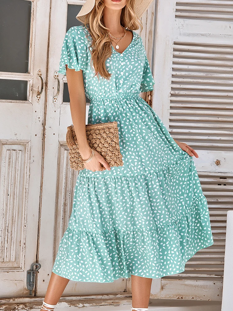 Vestido estampado con cuello en V para mujer, vestidos Retro bohemios para mujer, vestido Midi de manga corta con hoja de loto, Vestido de playa suelto informal para mujer, Verano