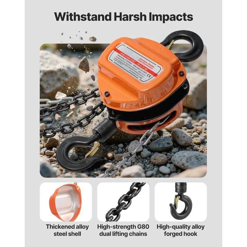 Hand Chain Hoist, 1 Ton 2200 lbs Capacity, Manual Chain Block with Upgrade G80 Galvanized Chain, 10 ft Lifting Height, Heavy Duty Pulley Hoist for Garage Warehouse Automotive Machinery, Orange - view 7