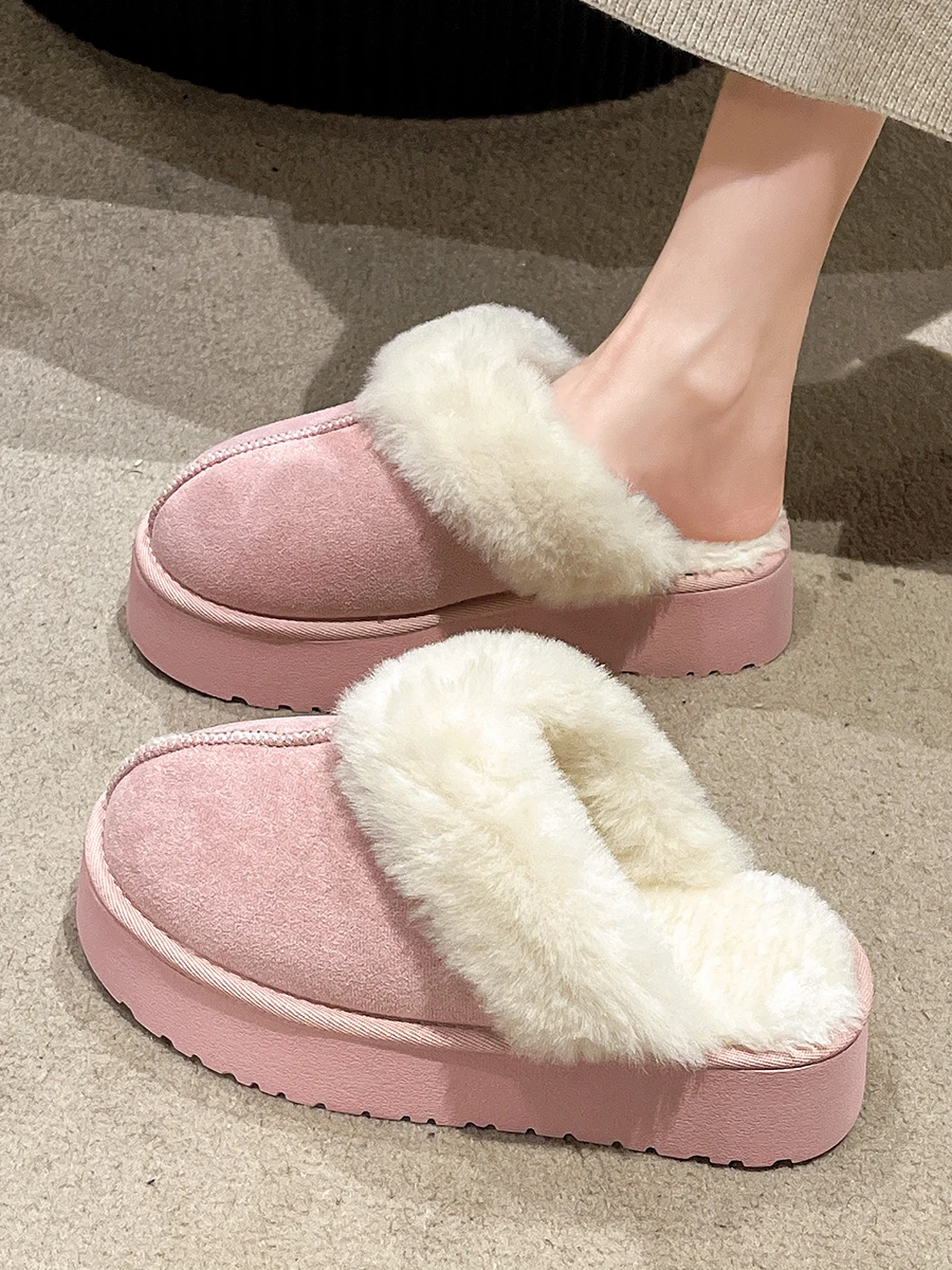 Cover Toe Fur Shoes pantofole da casa piattaforma Med Winter Footwear Slipers donna Slides Flock Plush 2024 Flat Shearling Rubber Snow