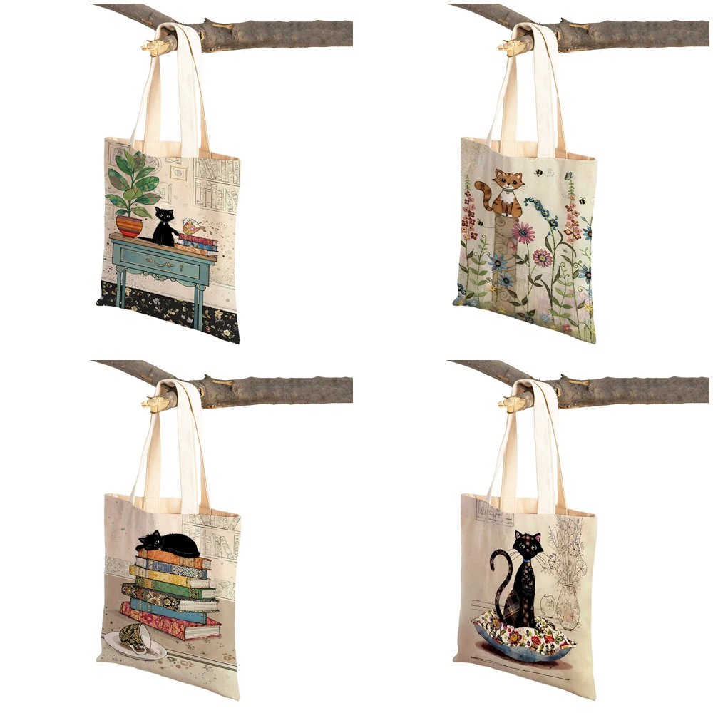 Both Sided Cute Elegant Black Cat Women Shopper Bags Tote Handbag Pet Animal Print Canvas Cloth Lady Shopping Shoulder Bag