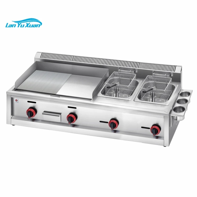 Professional Stainless Steel Benchtop Gas BBQ Half Flat Half Grooved Grill Griddle Pancake Stove Teppanyaki with Fryer