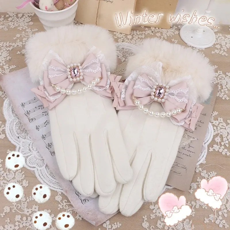 Lolita Concept Chic Bow Gloves Kawaii Japanese Sweet Fluffy Handmade With Beaded Bow For Winte