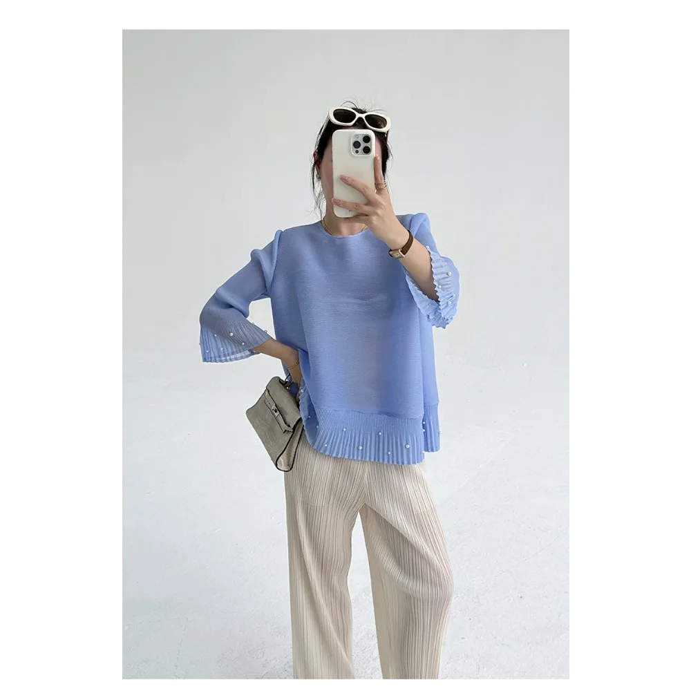

Myake Pleated Flared Sleeve Tops New 2025 Spring Summer Pleats Round Neck Thin Top Fold Versatile Seven-minute Sleeve T-shirt