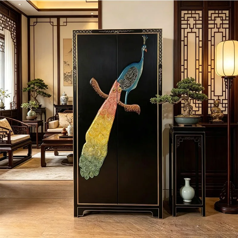 New Chinese Solid Wood Simple Wardrobe Living Room Ornament Locker Bedroom Wardrobe Vintage 2 Door Standing Cabinet Furniture