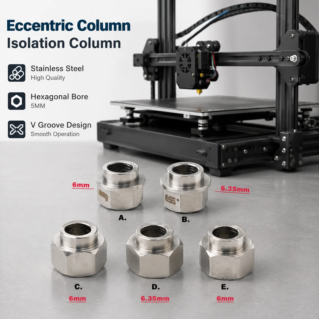 1Pc 3D printer parts Openbuilds Eccentric Column Isolation Column Hexagonal Bore 5MM High 6MM/6.35MM V Groove Stainless Steel