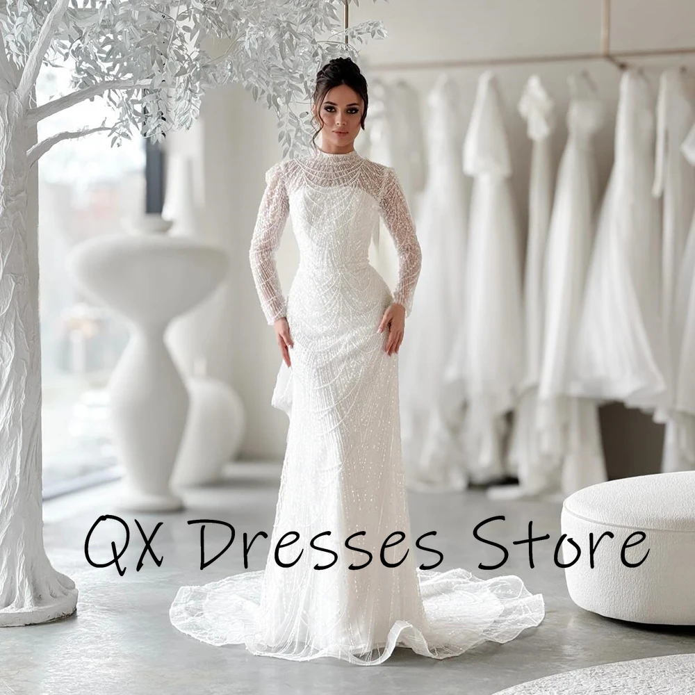 Customized White O-neck Tulle Simple Evening Dress ILLUSION Full Sleeves Watteau Train Party Dress Mermaid Floor Length Gown