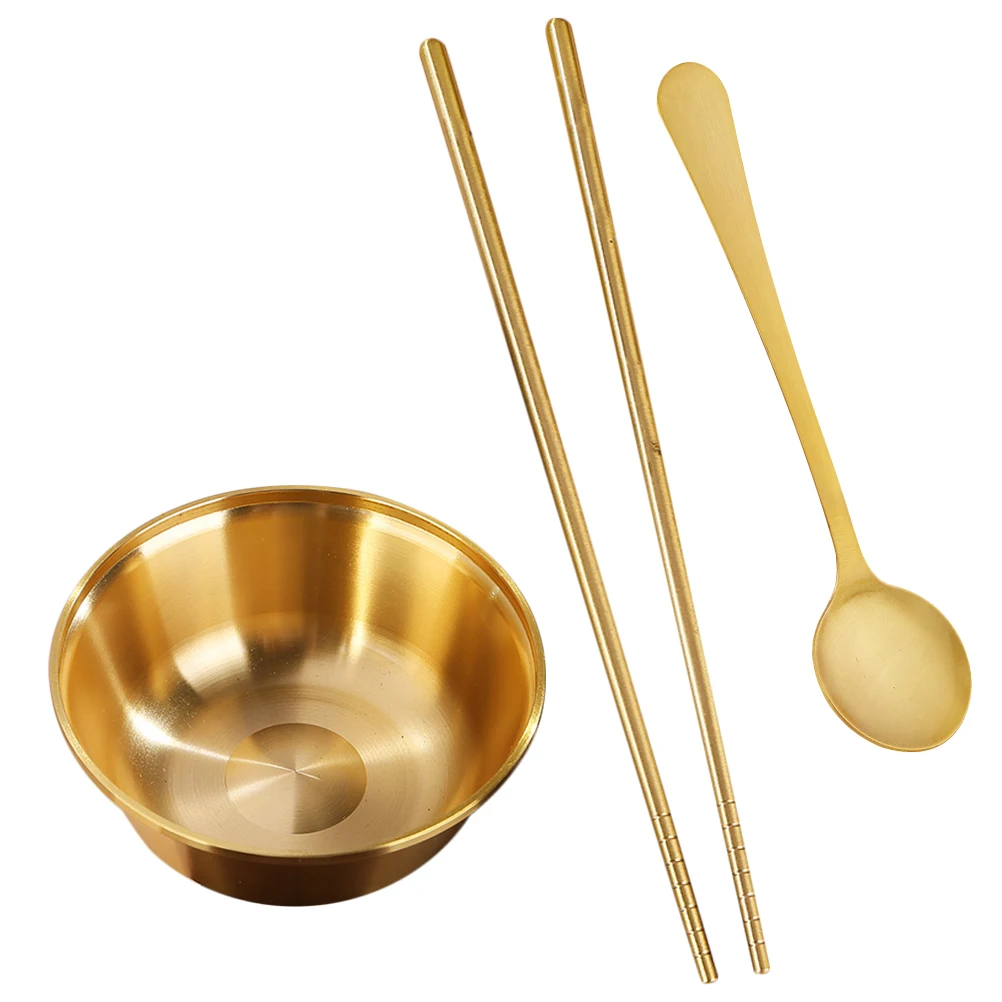

1 set Brass Tableware Set Noodle Bowl Chopsticks Spoon Smooth Touch Easy Clean Kitchenware Fruit Salad Container