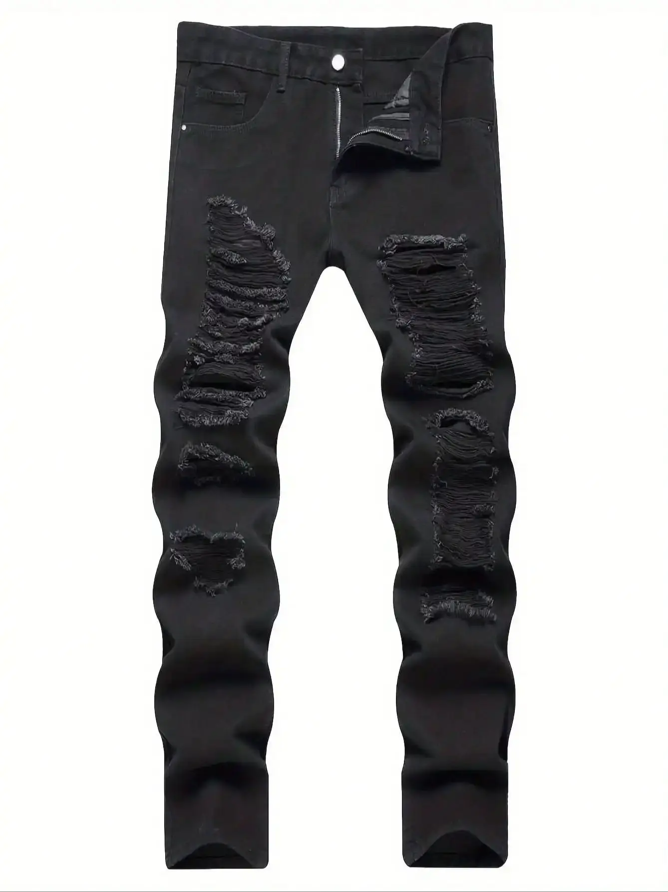 

Один предмет модной уличной одежды: рваные джинсы прямого кроя черного цвета.