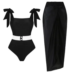 2024 Hot Sale Women Two-Piece Swimsuit Black And White One Piece Swimwear With Skirt Mujer Monikini Beachwear Female Clothing