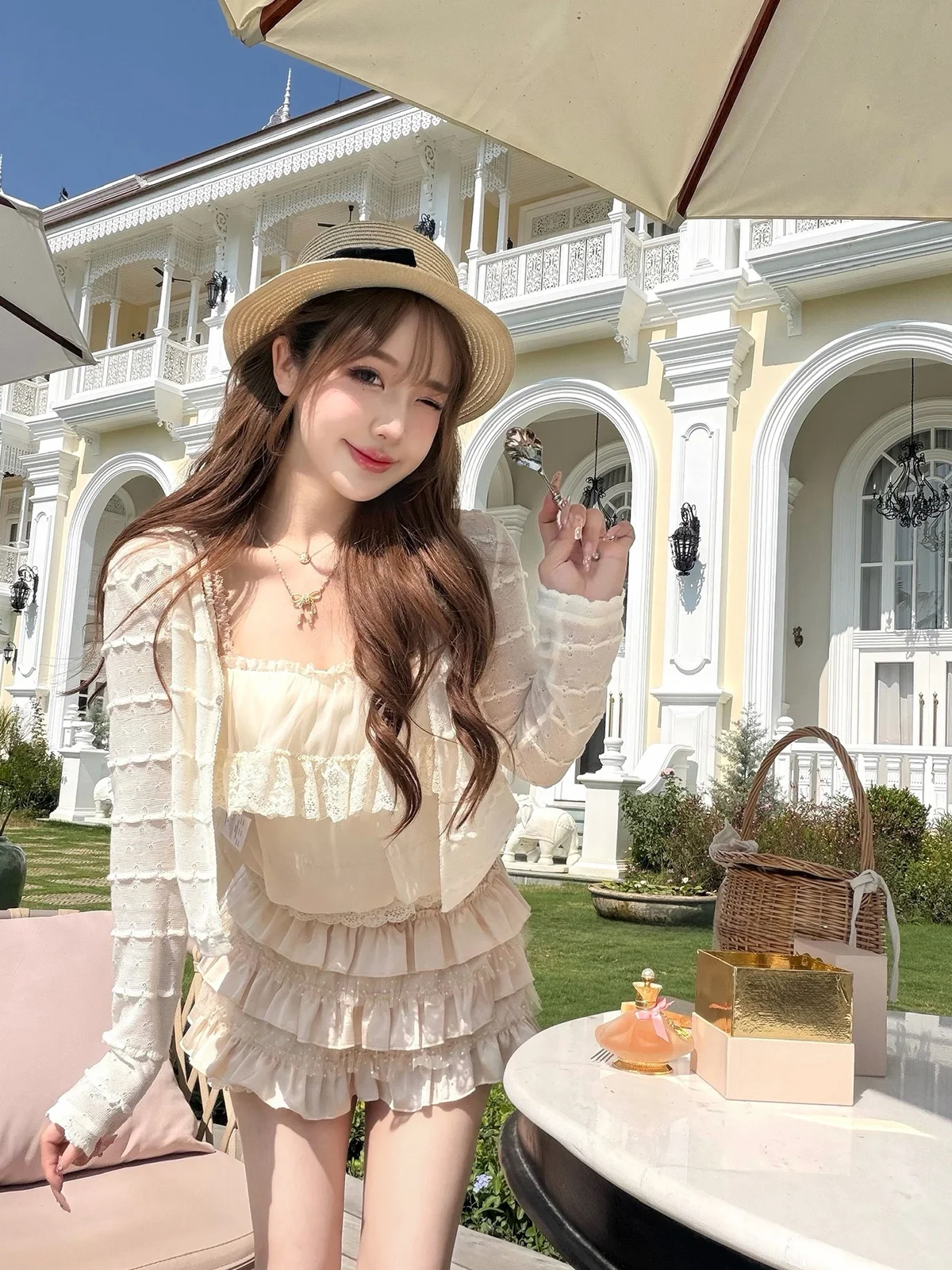 

Kimicoy Cry Knitted ort Open Cardigan Women's Top White Embroidery Slimming Rabbit Tail Design Polyester Fiber Long Sve