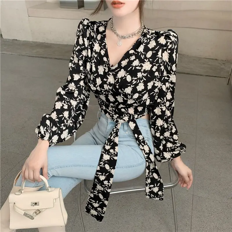 Blusa feminina elegante de manga comprida com decote em v, roupas femininas vintage de flores quebradas, camisa justa, bandagem para primavera e outono, elegan