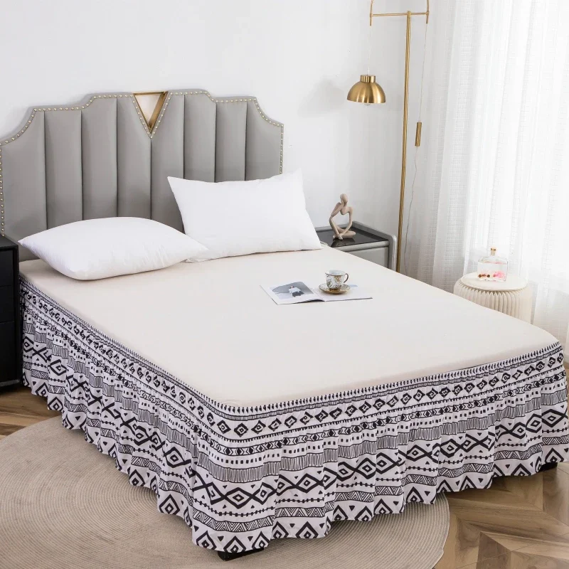 Pleated Dust-proof Bed Apron Wrap Around Style Easy Fit Elastic Dust Ruffles Bed-Skirt and Floor-length Pleated Mattress Curtain