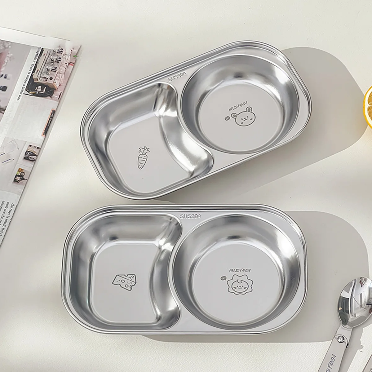 WORTHBUY Mini Cute Children Dinner Plate 304 Stainless Steel Divided Food Plates Dishes Fruit Salad Plates Kitchen Tableware
