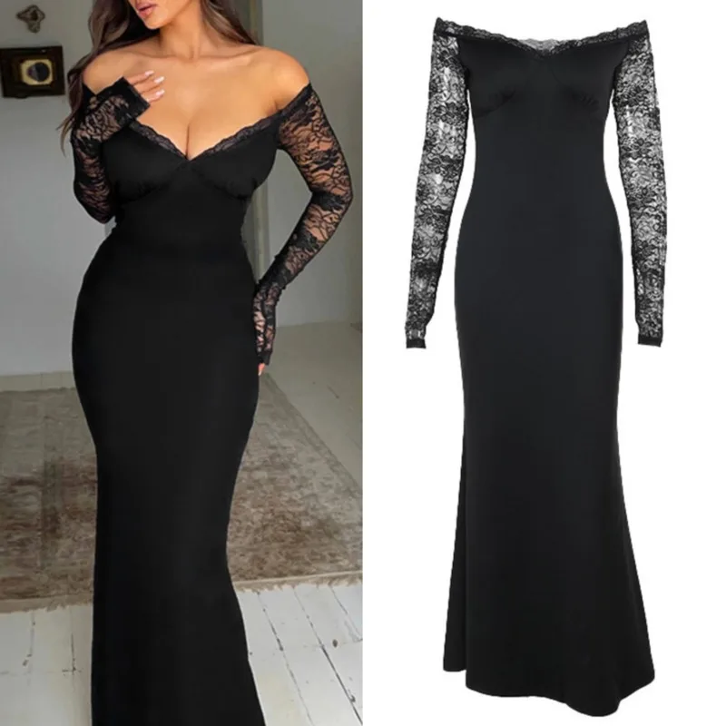 

Evening Party Mini Dresses Europe America Sexy Black One Shoulder Patchwork Lace Hollow Lace A-line Beach Vacation Dresses New