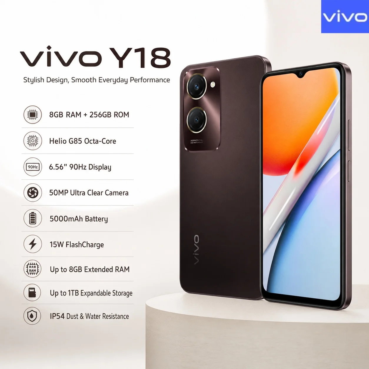 2026 new VIVO Y18 4G Smartphone 8GB+256GB Helio G85, 6.56'' 90Hz Display, 50MP Camera, 5000mAh Battery, IP54, Dual SIM Global