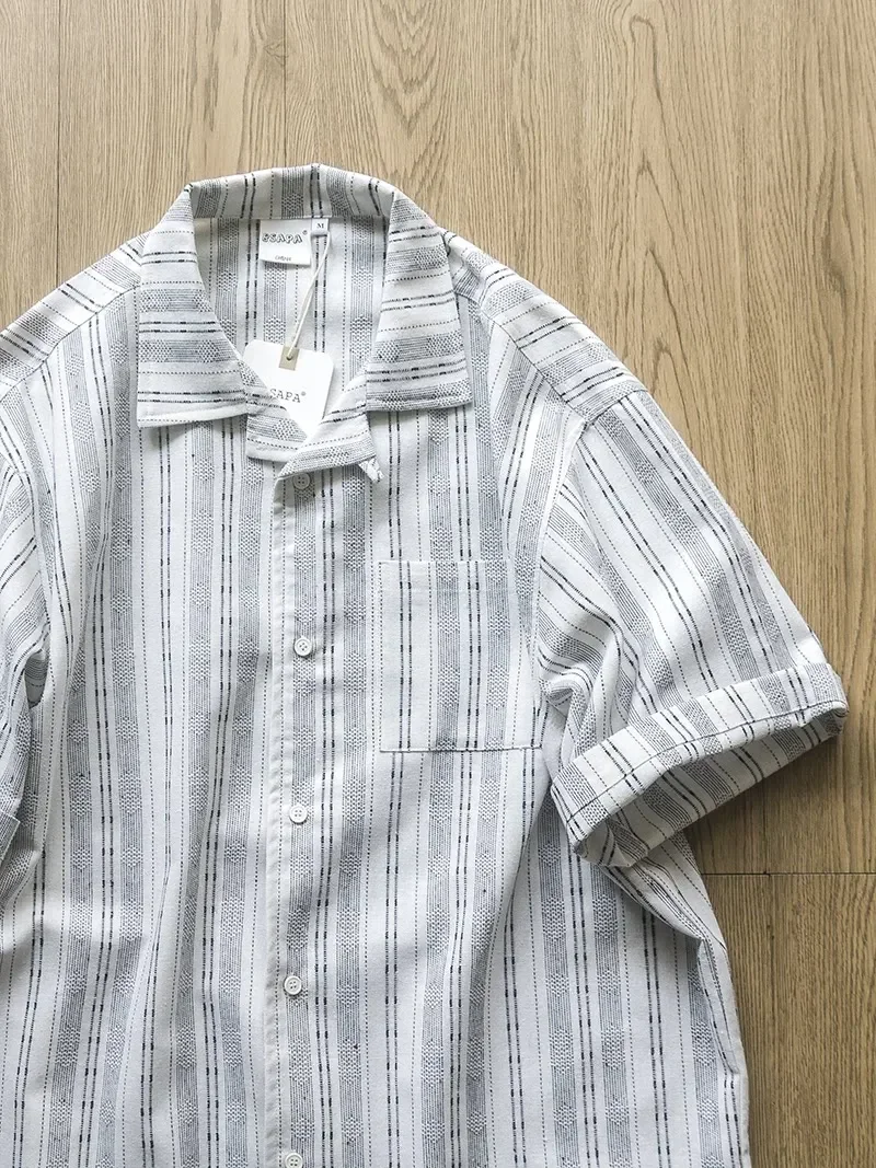Ethnic Cuban Collar Hawaiian Striped Cotton and Linen Short Sleeve Shirt