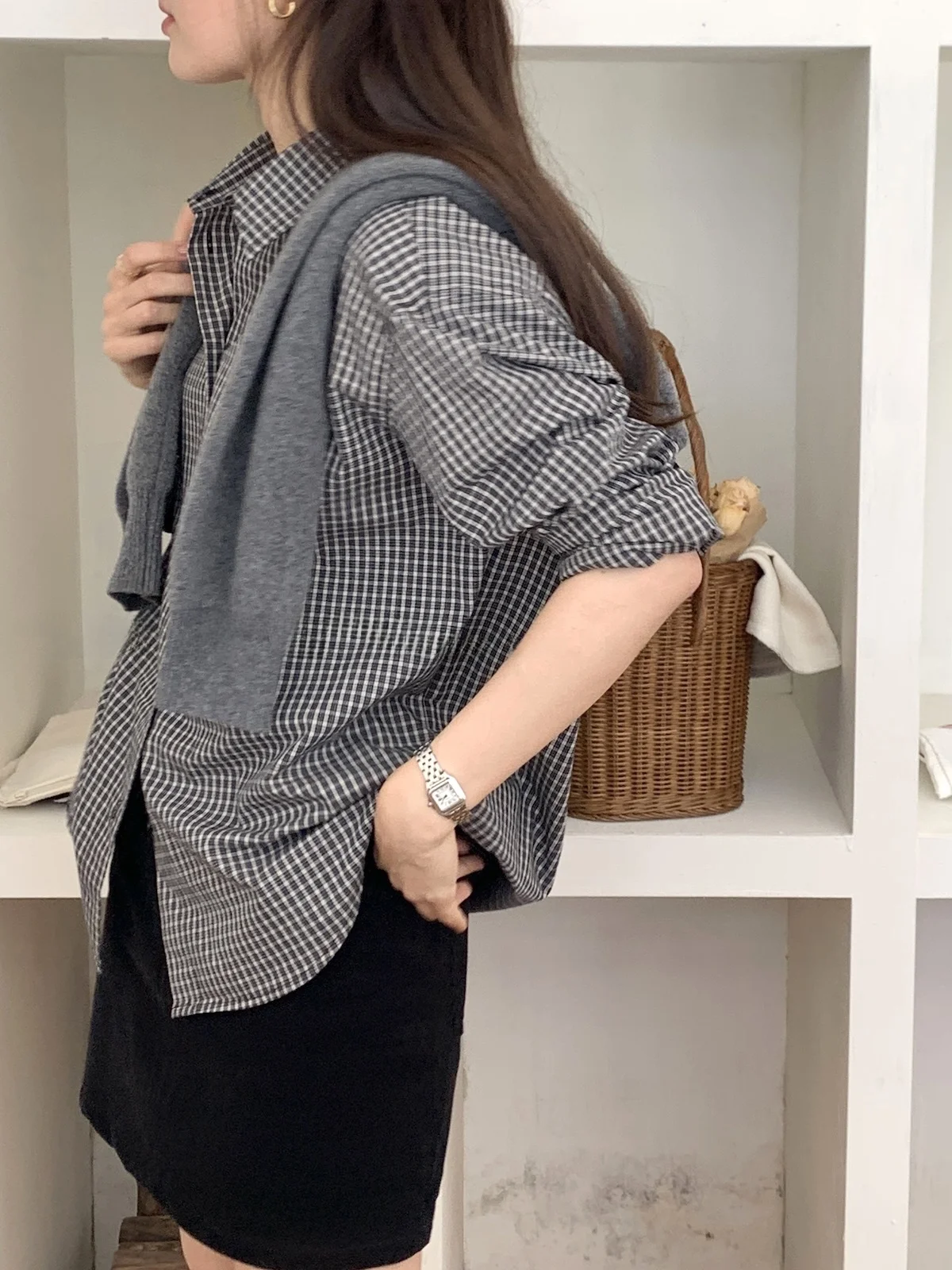 Koreanisches Design Langer Ärmel Bla Kariert Baumwolle Damen Locker Sitzend Herbst Neu Kleine Größe Kragen Knopfleiste