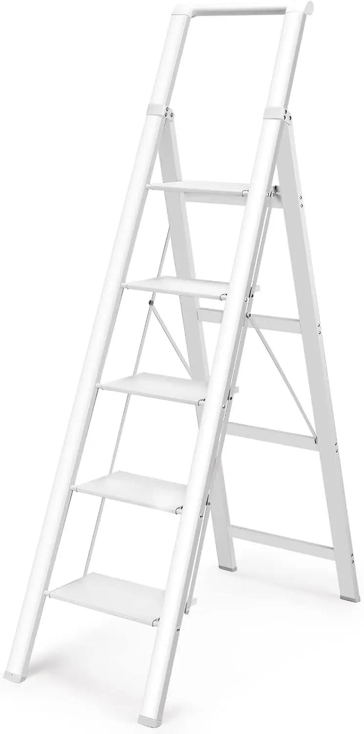 

5 Step Ladder, Aluminum Ladder with Handrails, Folding Step Stool for Adults, 330LBS Capacity Sturdy& Portable Ladder