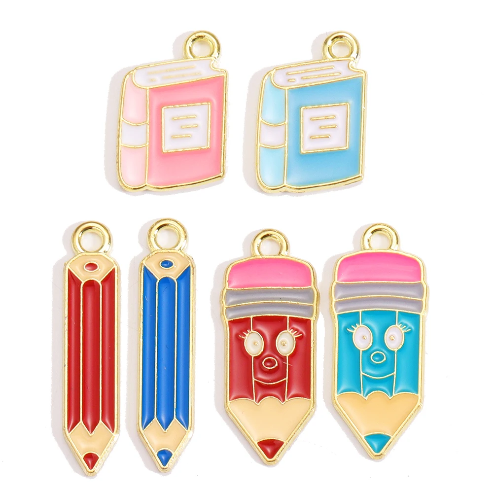 10pcs Colorful Pencil Book Enamel Pendant Charm for DIY Necklace Keychain and Pen Chain - Ideal Gift for Start of School Season