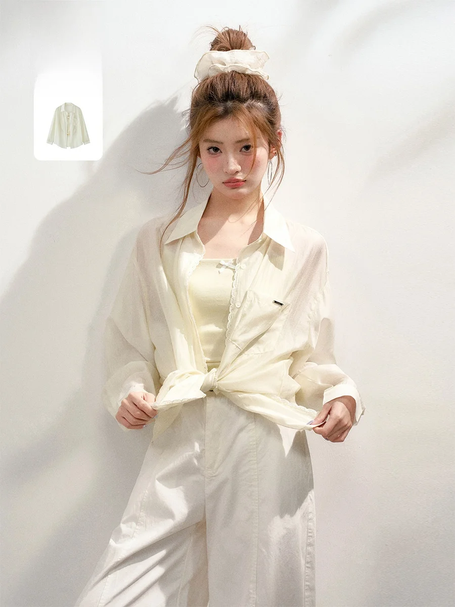 

Sun Protection Lace Trim Silk Acetate Micro Translucent Shirt Strap Top Two Piece Set Women's Fashion Spring Summer Outfit