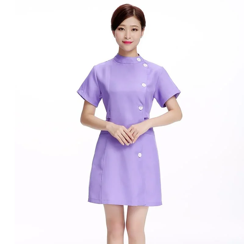 Pink beauty uniform with  beautician dress salon work clothes Spa uniforms scrubs coat Spa white robe experimental clothes