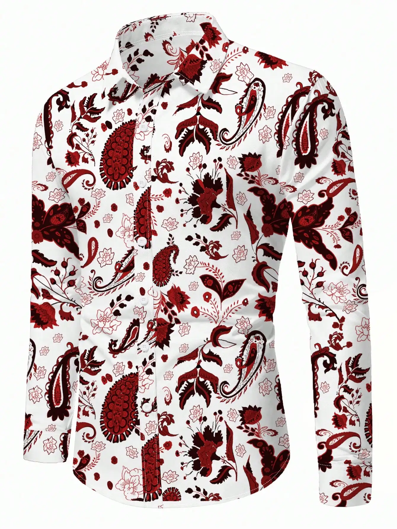 

Men's Red and White Paisley Floral Print Button-Up Shirt