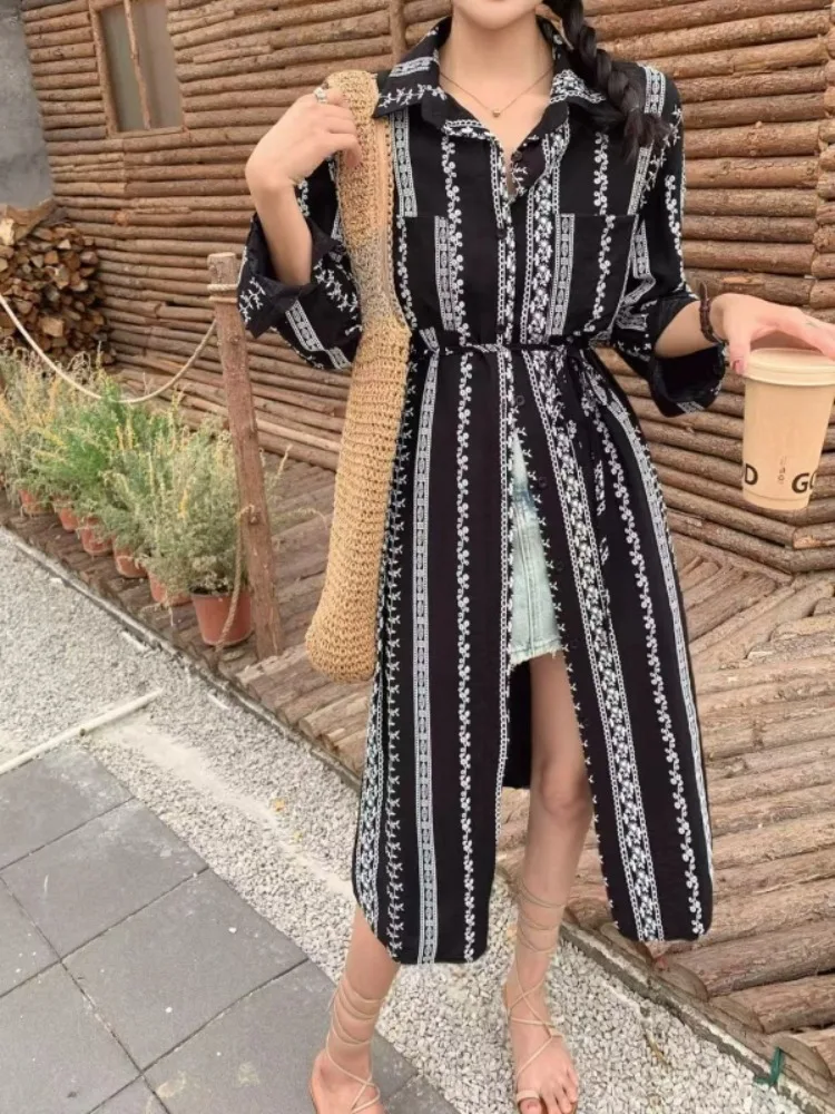 เยซซี่ผู้หญิงปักเสื้อเชิ้ต 2025 ใหม่แขนยาวหลวมกระดุมสบายๆวันหยุดโบโฮสไตล์มิดิเดรส