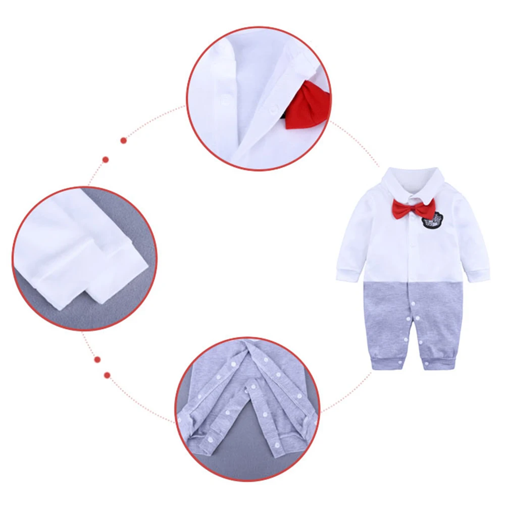 Newborn Baby Boy Gentleman Romper Long Sleeve Tuxedo Style Formal Wear Autumn Outfits Jumpsuit with Red Bow Tie Baby Party Dress