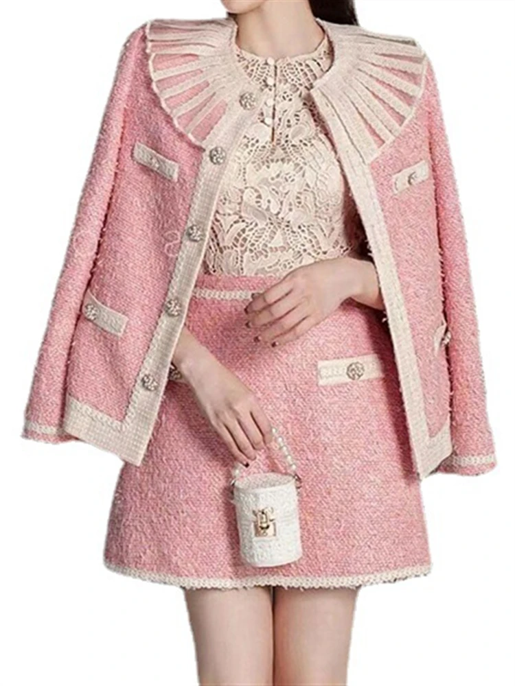 Frau Zwei Stück Set Frauen Winter Kleidung Elegante einreiher Solid Rosa Woolen Mischung Strickjacke Jacke + Hohe Taille rock Set