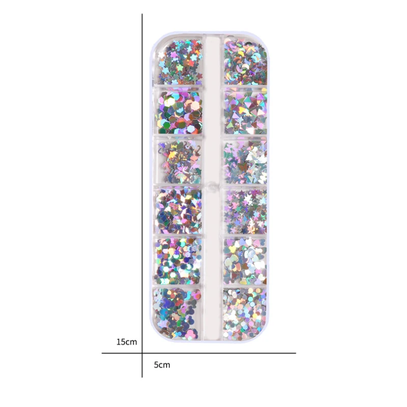 12 กริด/ชุดเล็บ Holographic Glitter Flakes 3D Sequins Paillette ผงขนาดผสมสําหรับตกแต่งเล็บเล็บเครื่องมือ