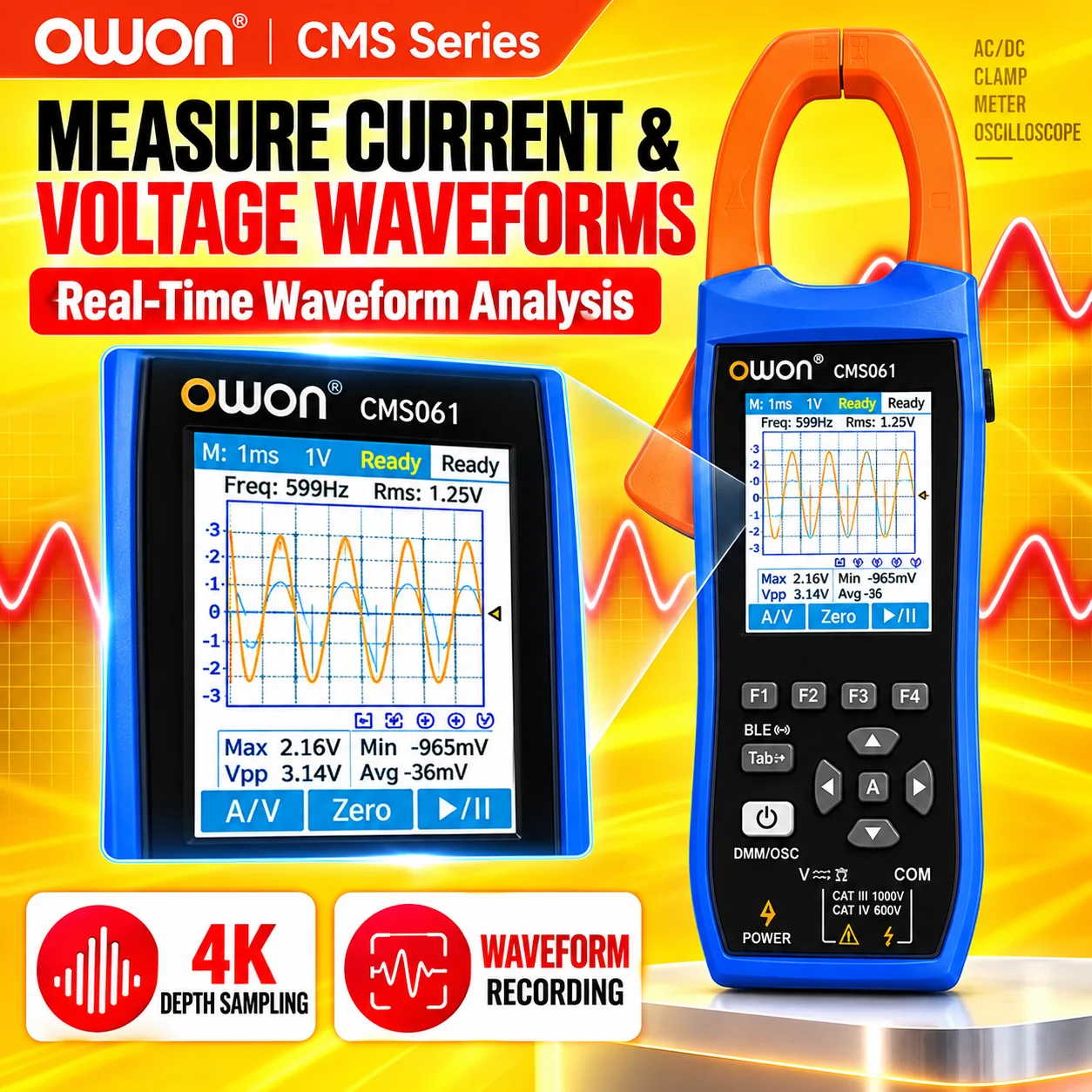 OWON CMS061 CMS101 Portable 3-in-1 Clamp Oscilloscope 1000A AC/DC Clamp Meter Bluetooth APP Logger True RMS 2.8-inch IPS Display
