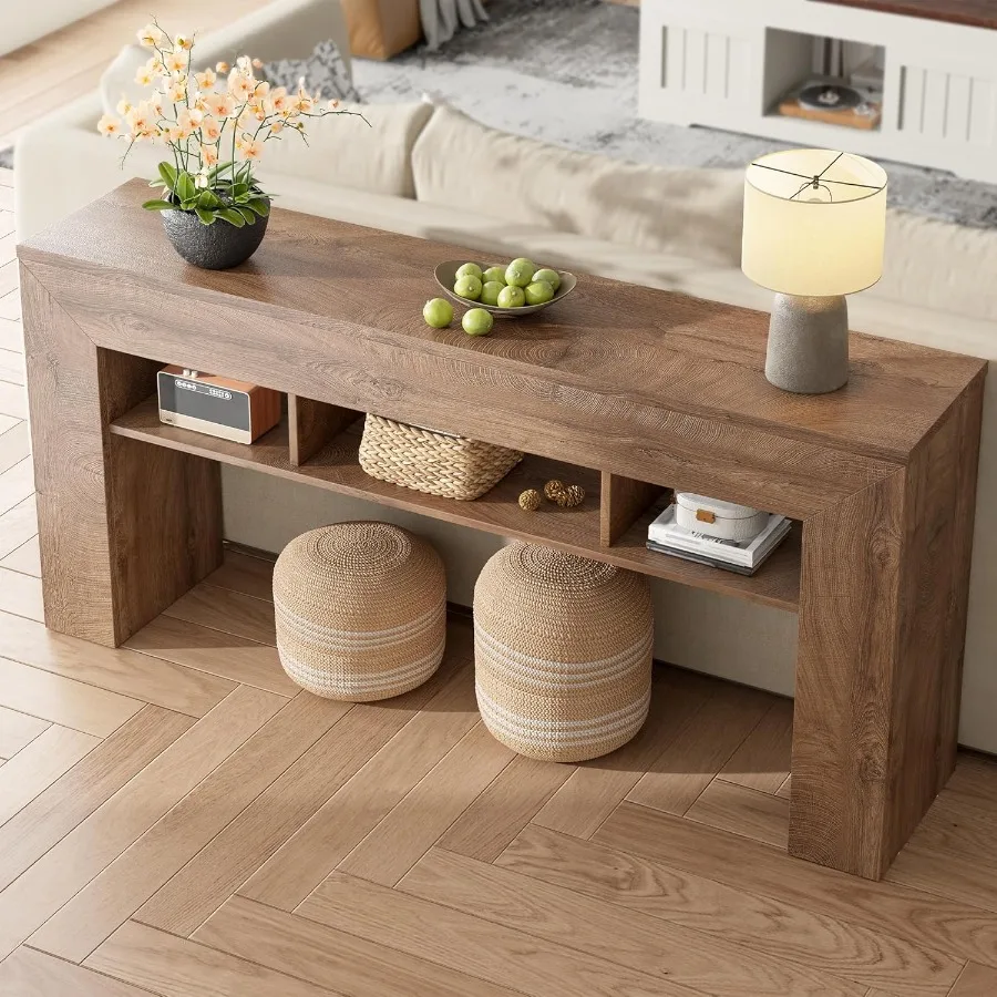 طاولة وحدة تحكم طويلة 63 بوصة للمدخل مع 3 أرفف تخزين مفتوحة وطاولة أريكة خشبية خلف الأريكة وممر المزرعة Ta