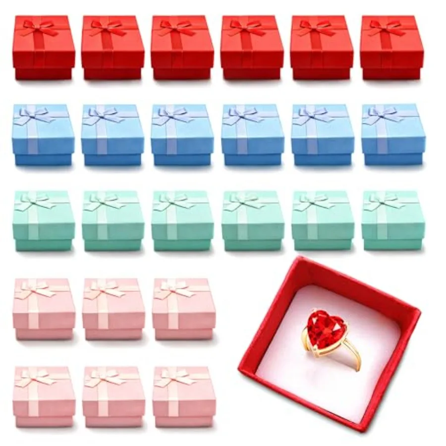 

24Pcs Earring Boxes for Jewelry Gift - Ring Jewelry Box Set, Small Box with Ribbon and Soft Foam Inside - Cardboard Earring Box